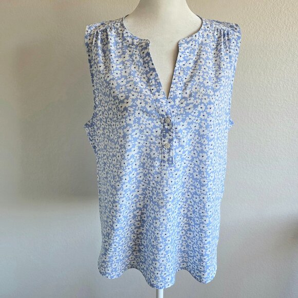 J. Crew Blouse Popover Top Blue White Floral Button Sleeveless Soft Silky Size M - Picture 1 of 7